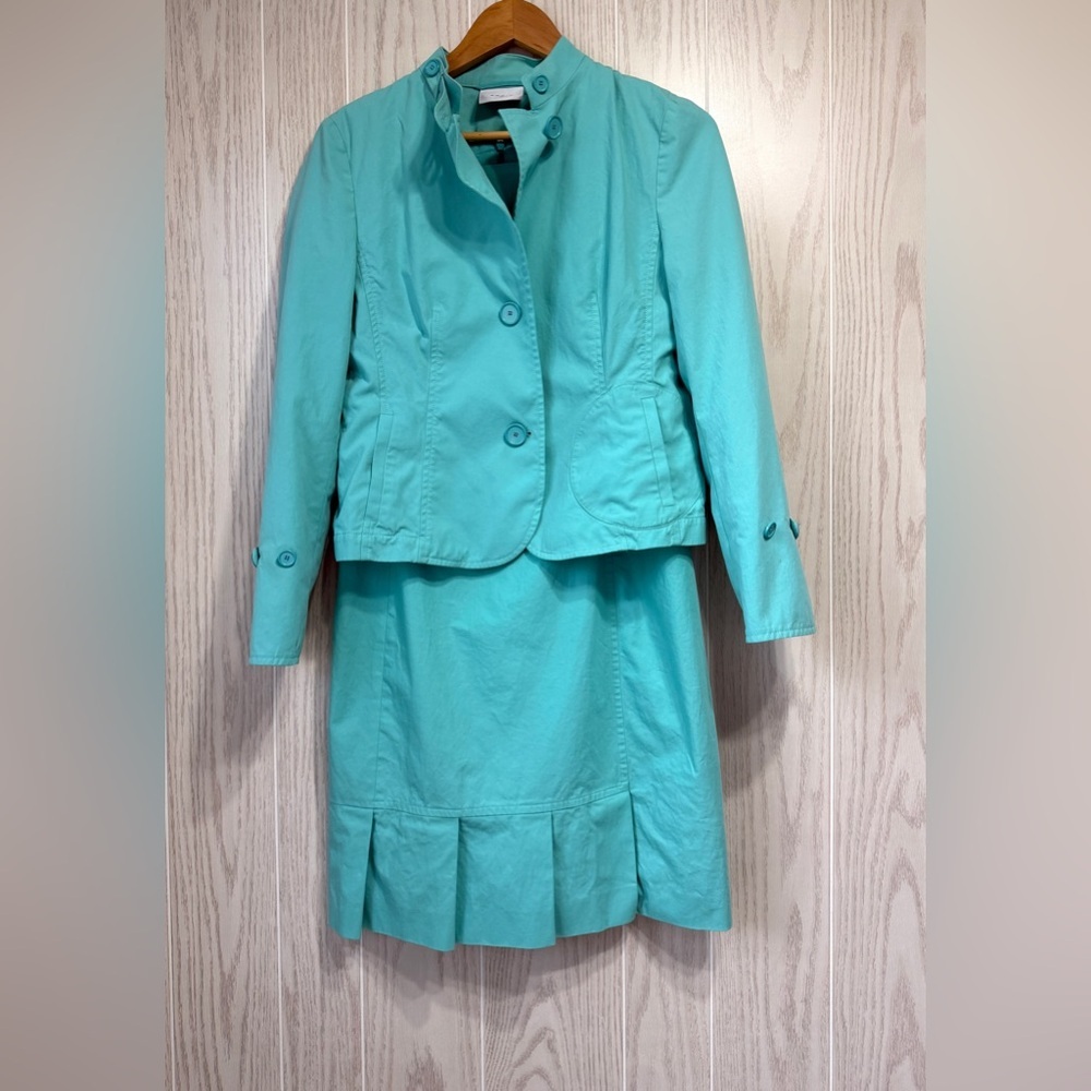 Akris Punto Turquoise Cotton Sheath Dress With Matching Jacket Us 8 Euc